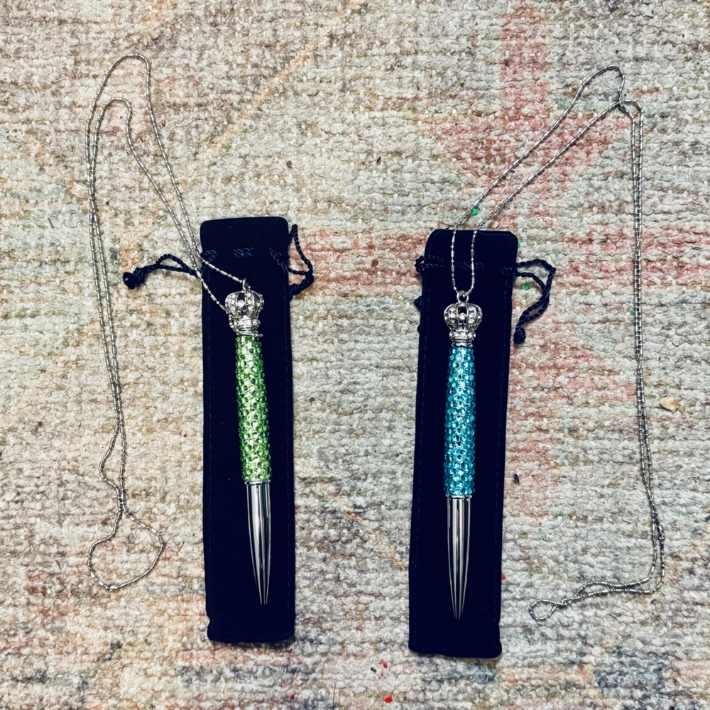 Set of 2 Lori Greiner Bedazzled Rhinestone Crown Top Pens on Chains